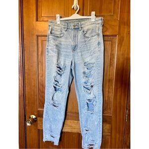 American Eagle Outfitters High Rise Distressed Mom Jeans - Light Blue